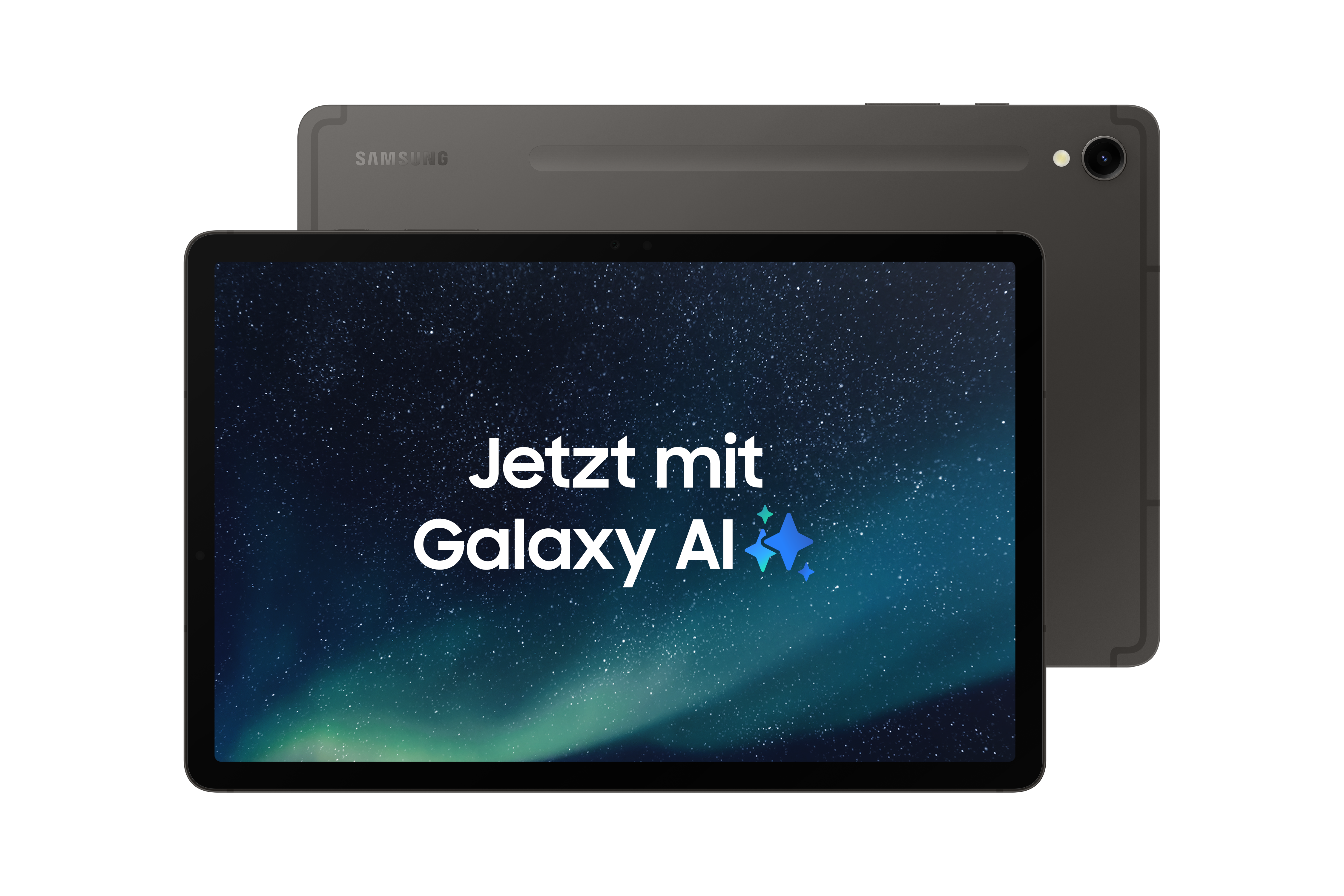 Tablet-Computer, die Vorderseite zeigt einen Sternenhimmel und Text, die Rückseite sichtbar.