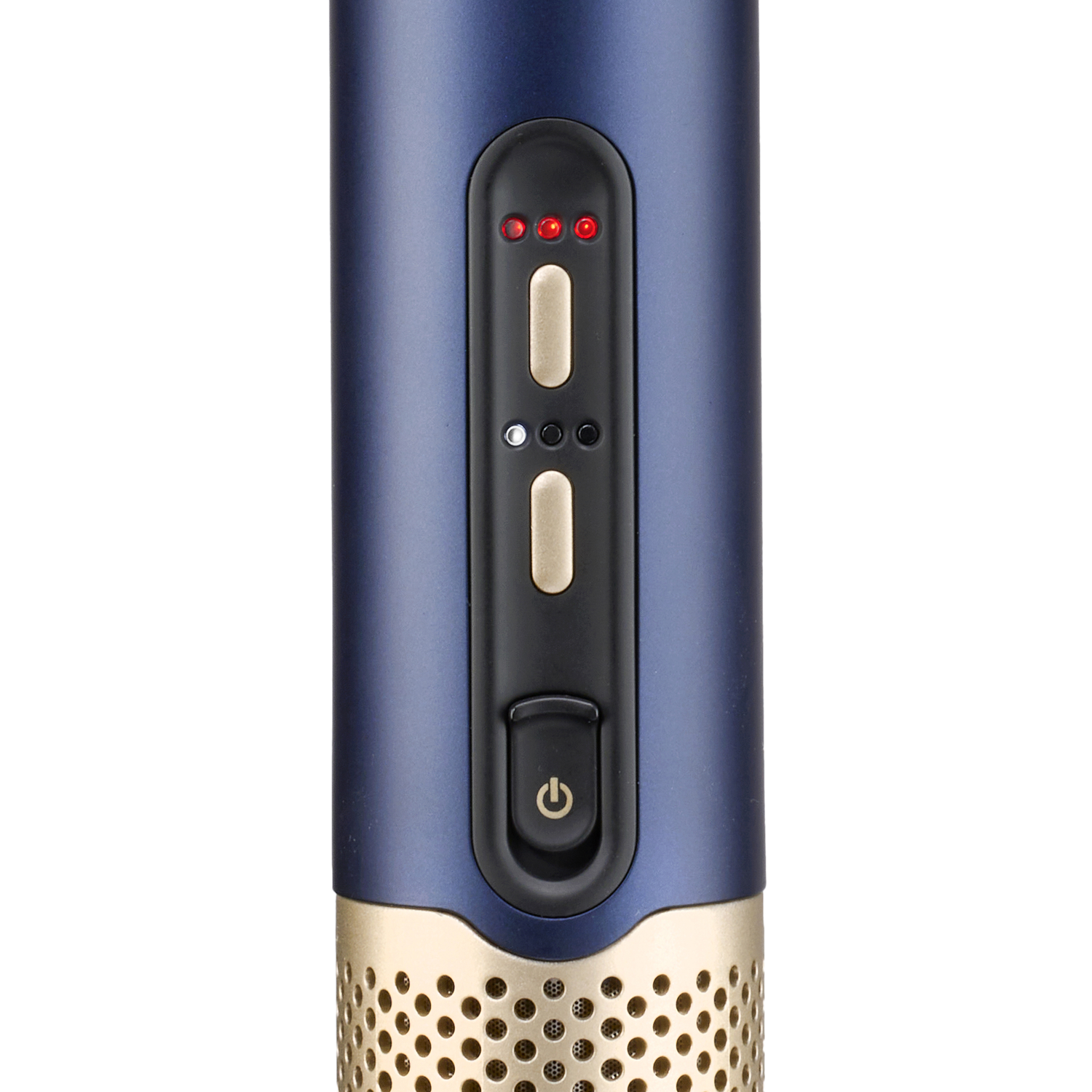 Close-up of a blue hair styling tool with buttons and indicator lights.