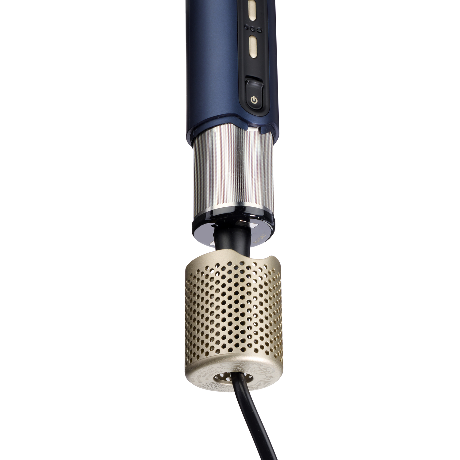 A blue and silver hair styling tool with a gold attachment.