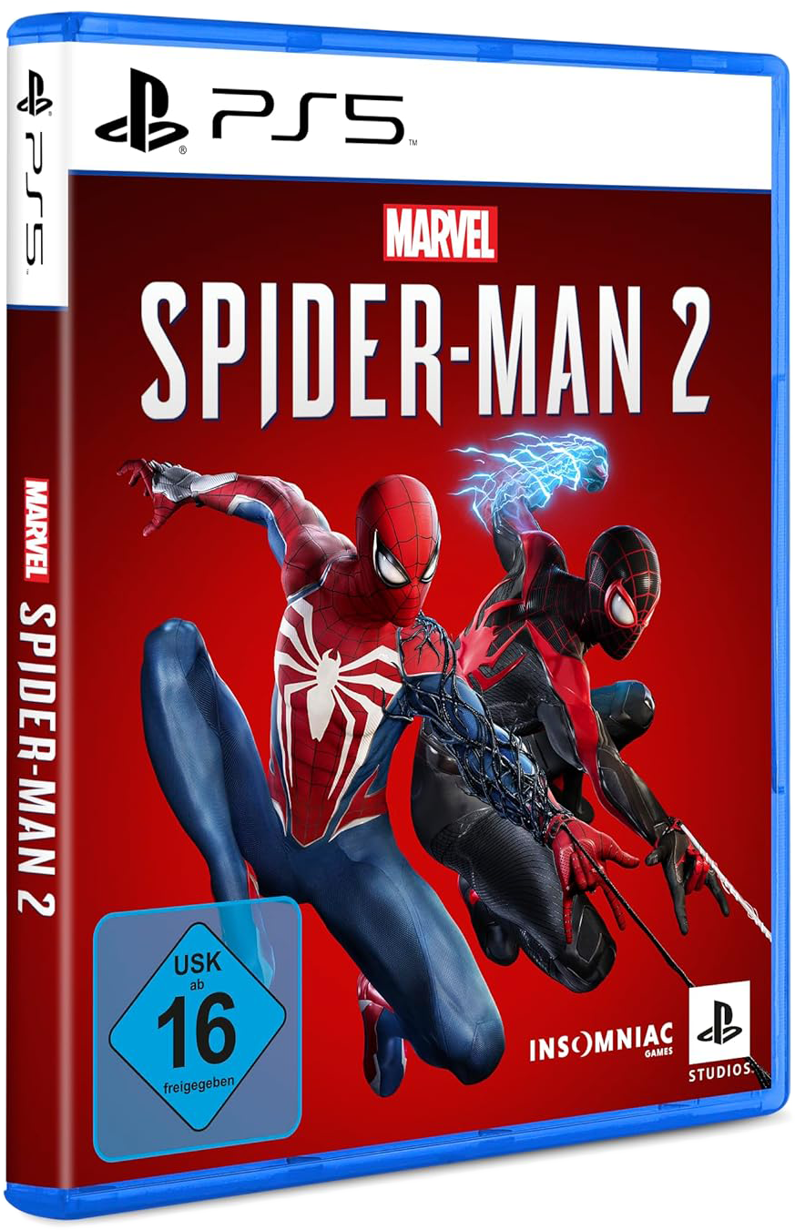 PS5 játékkazetta a Marvel's Spider-Man 2-höz, Spider-Mannel és Miles Moralesszel pirosban.