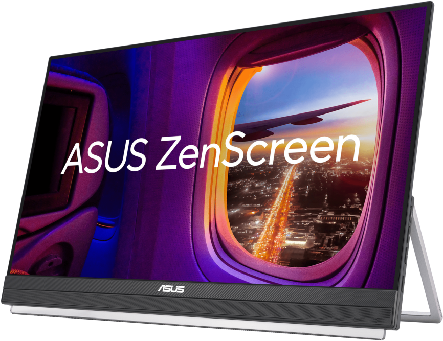 Monitor Asus ZenScreen che mostra la vista della finestra di una cabina aerea.