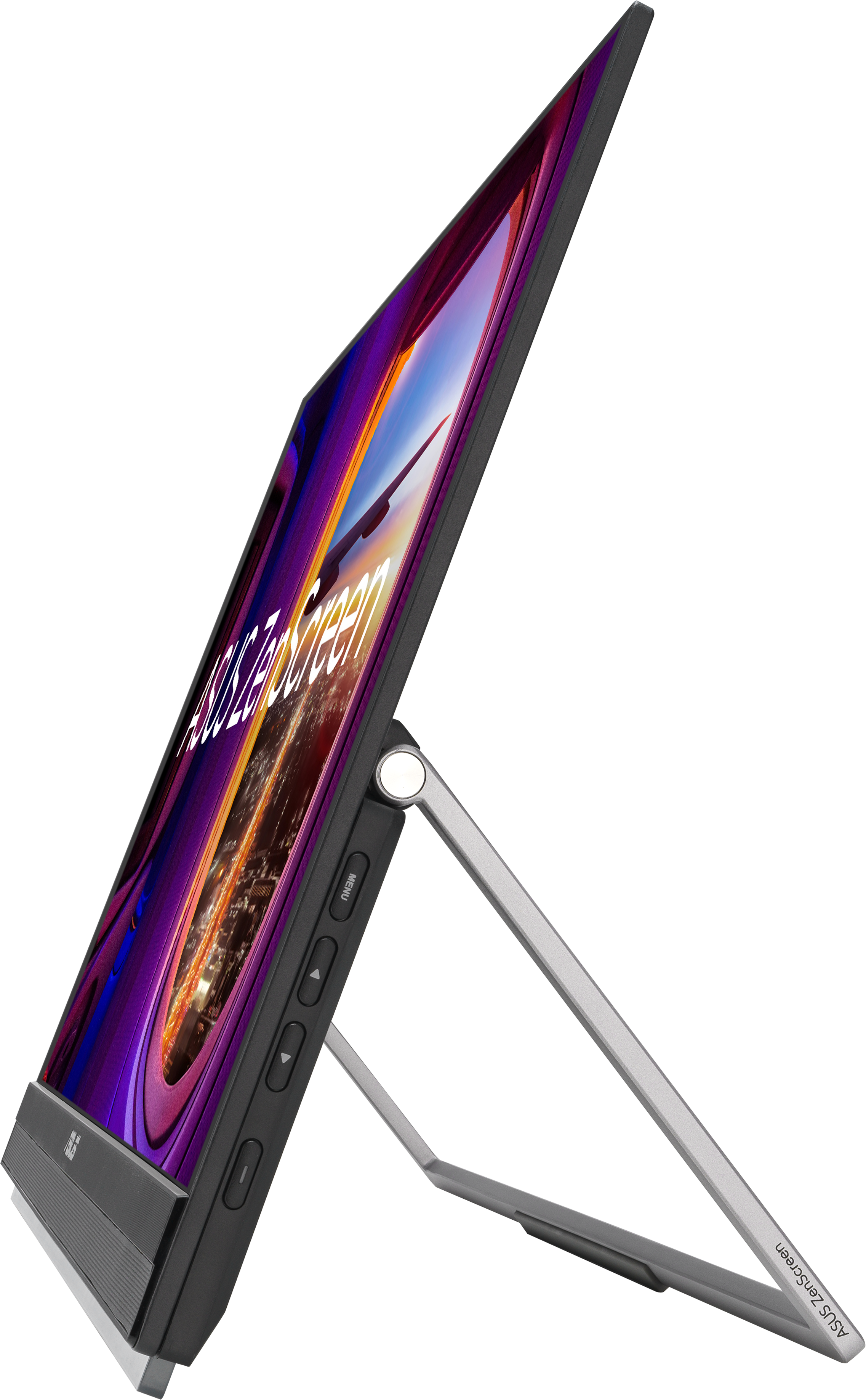 Monitor portatile nero e grigio. Inclinato, con supporto. Lo schermo mostra arte colorata.