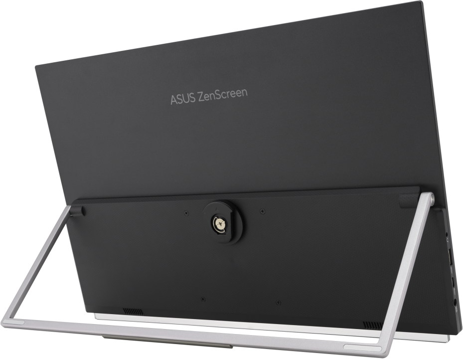 Un monitor scuro con supporto, angolato per mostrare il retro con il logo ASUS ZenScreen.