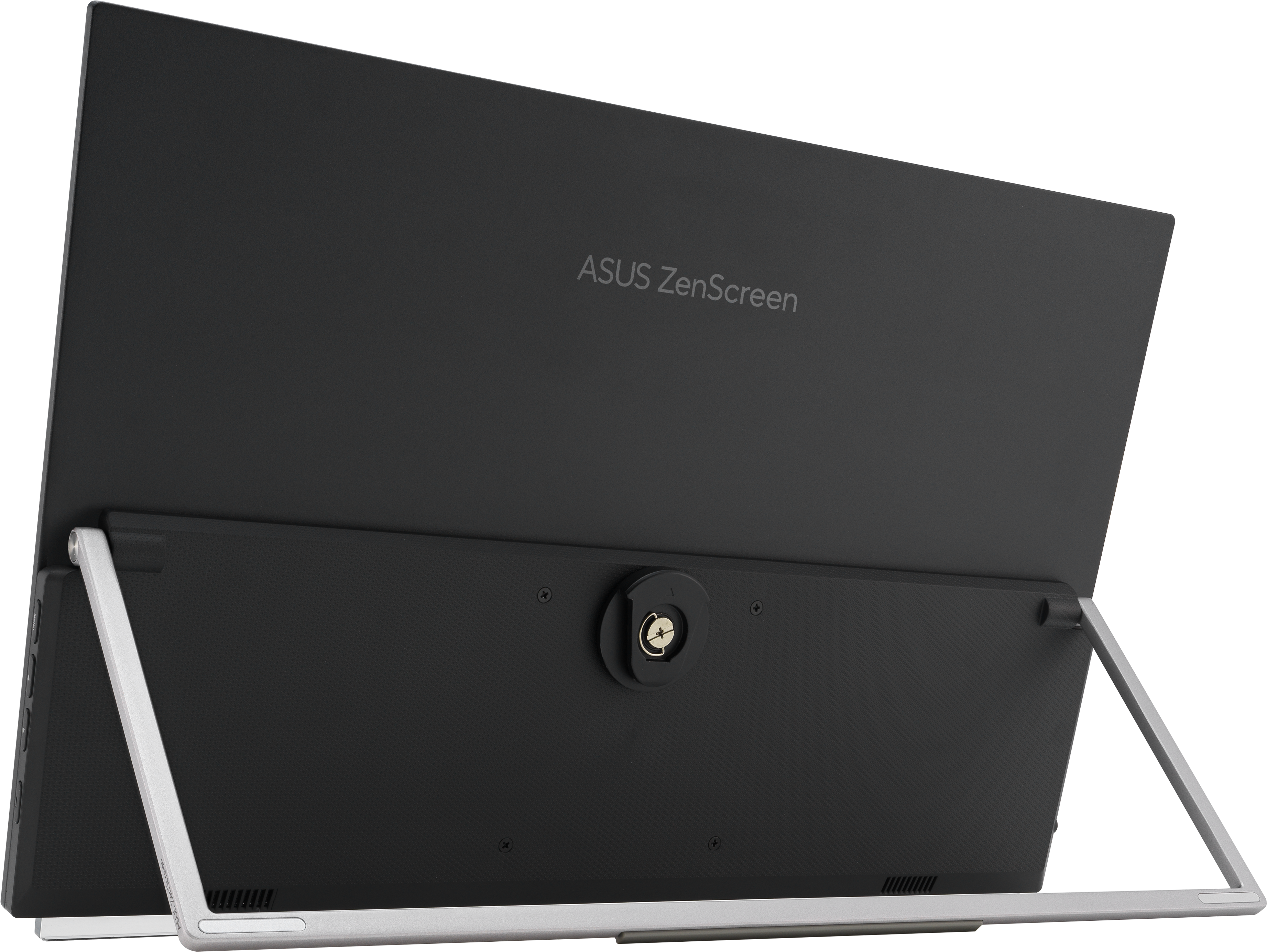 Vista posteriore di un monitor ASUS ZenScreen. Nero con supporto e un supporto argentato. Il logo ASUS è visibile.