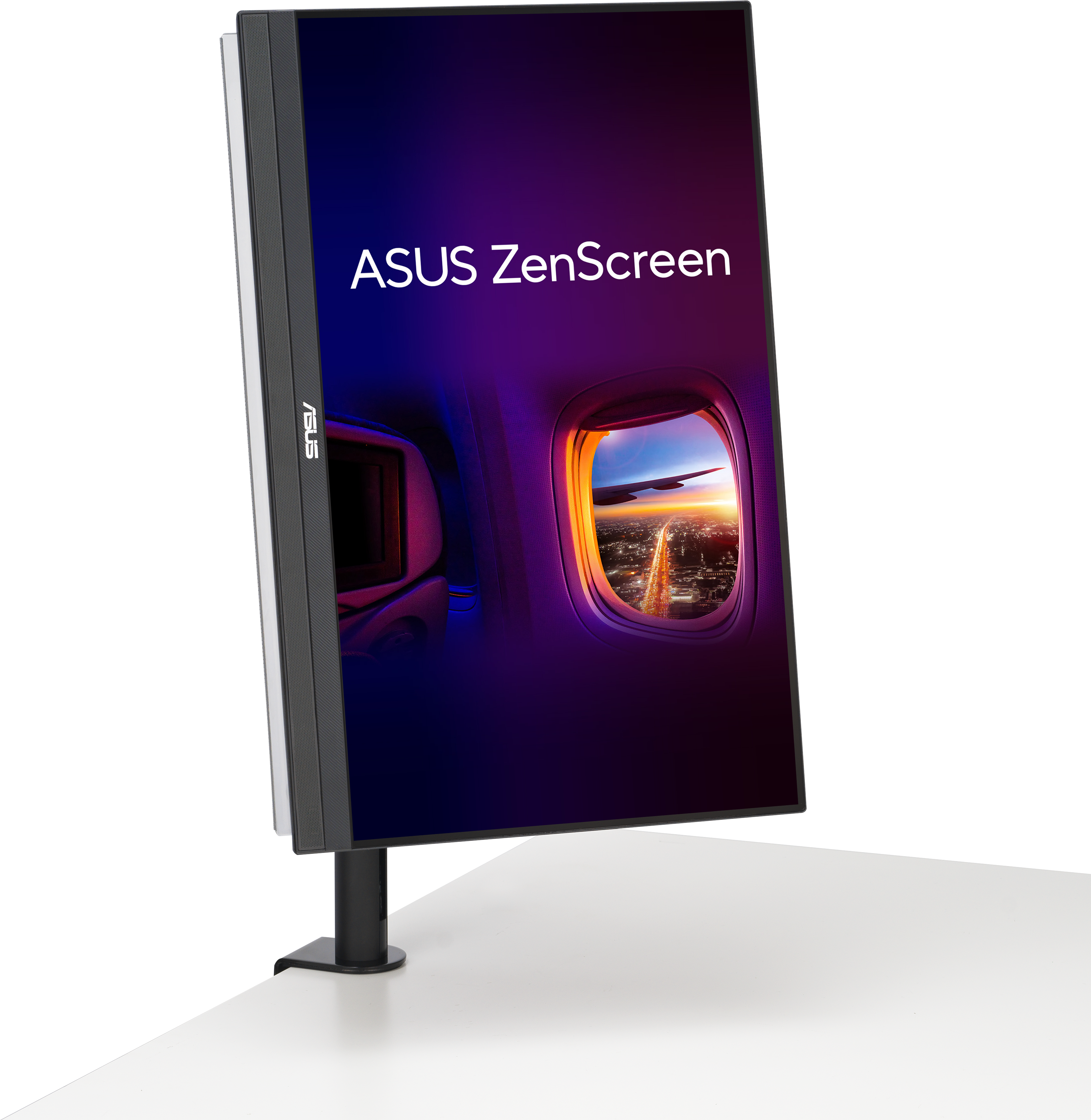 Un monitor con il testo 'ASUS ZenScreen' e l'immagine di un finestrino di un aereo.