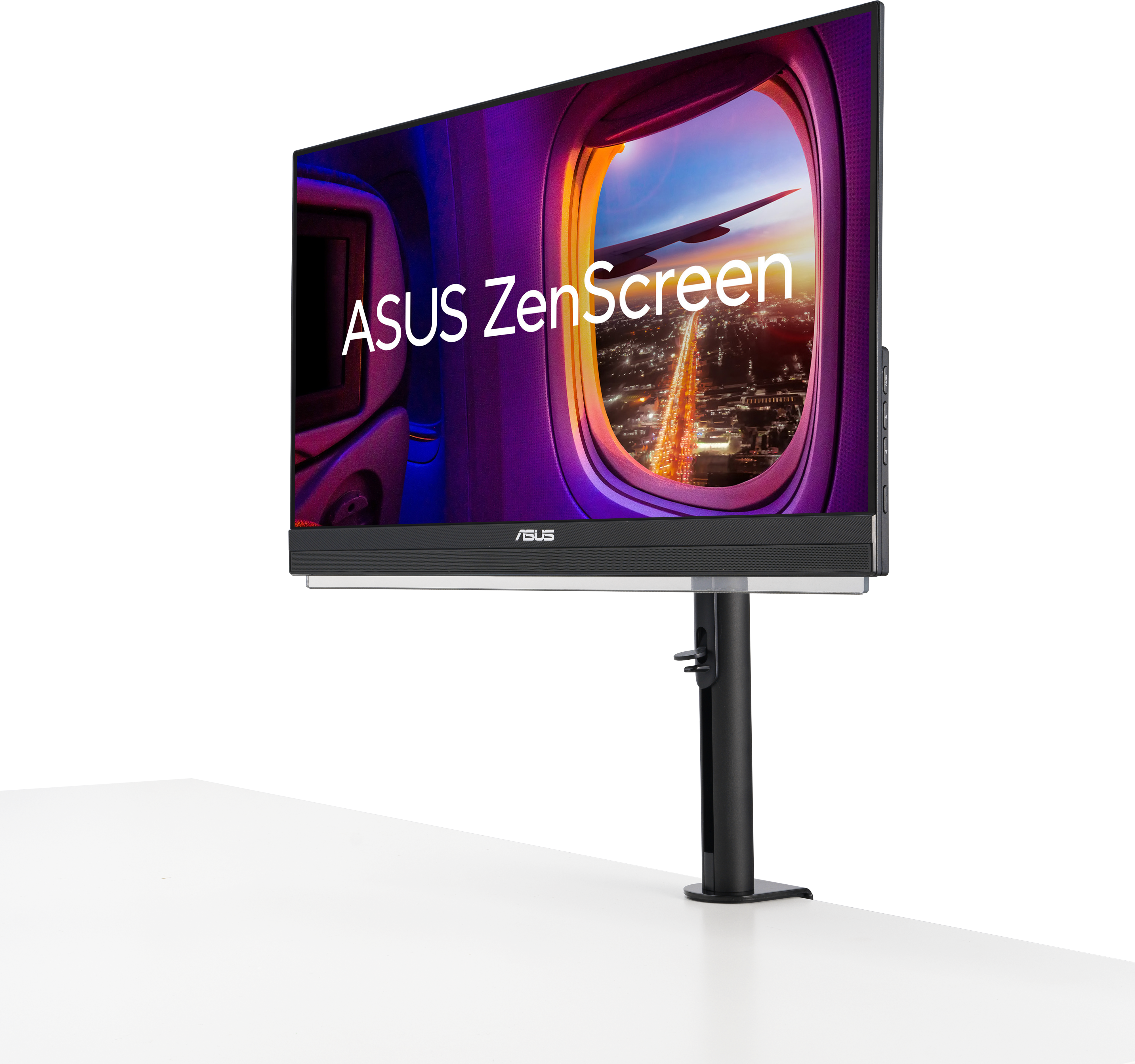 Monitor Asus ZenScreen su supporto nero, tavolo bianco.