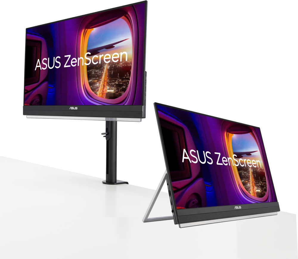 Due monitor ASUS ZenScreen. Uno è su un supporto, l'altro è inclinato. Entrambi mostrano un aereo.