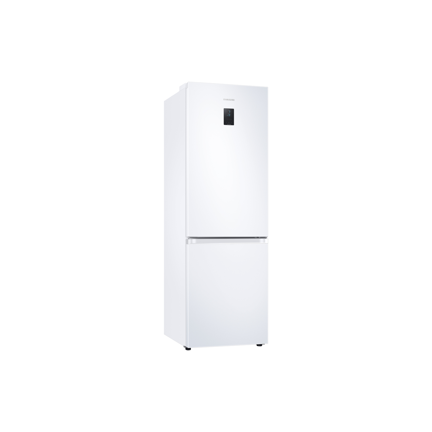 A white refrigerator with two doors. It stands against a white background.