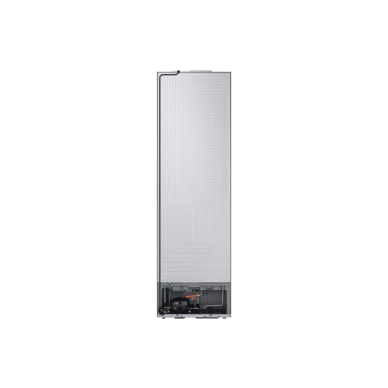 Back view of a Samsung refrigerator. It is silver. Shows the back with technical components.