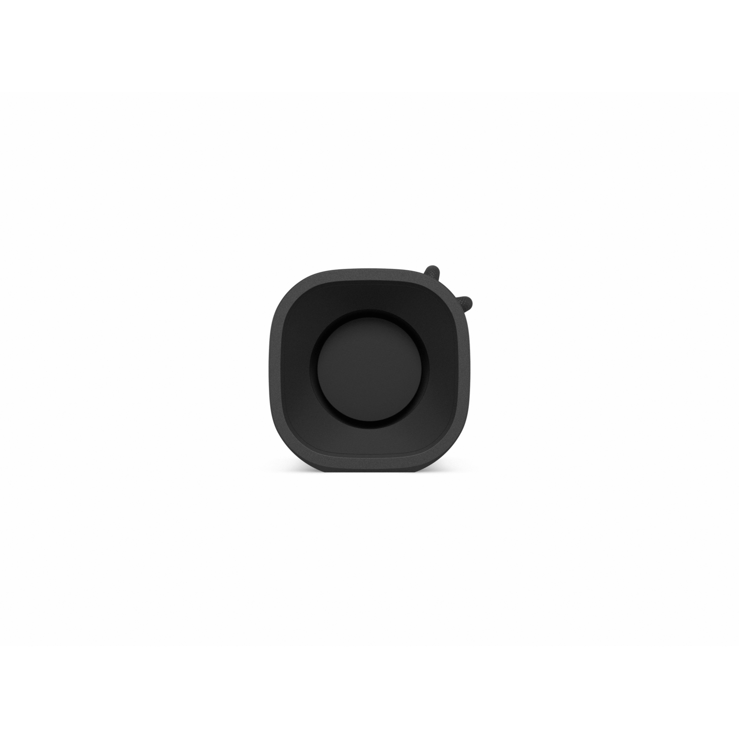 Black, square device with a round center. It has a small, round button on the front.