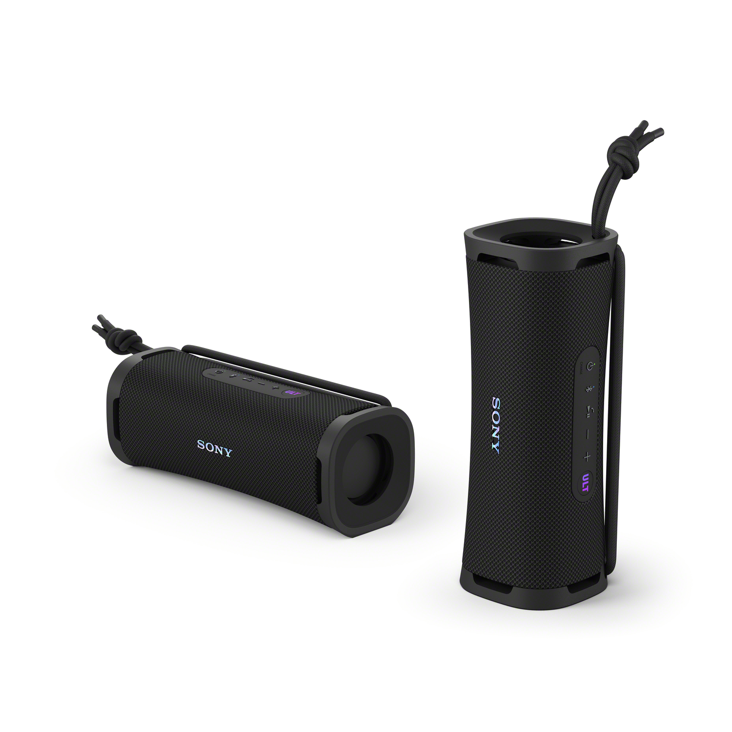 Two black Sony speakers, one horizontal and one vertical, on a white background.