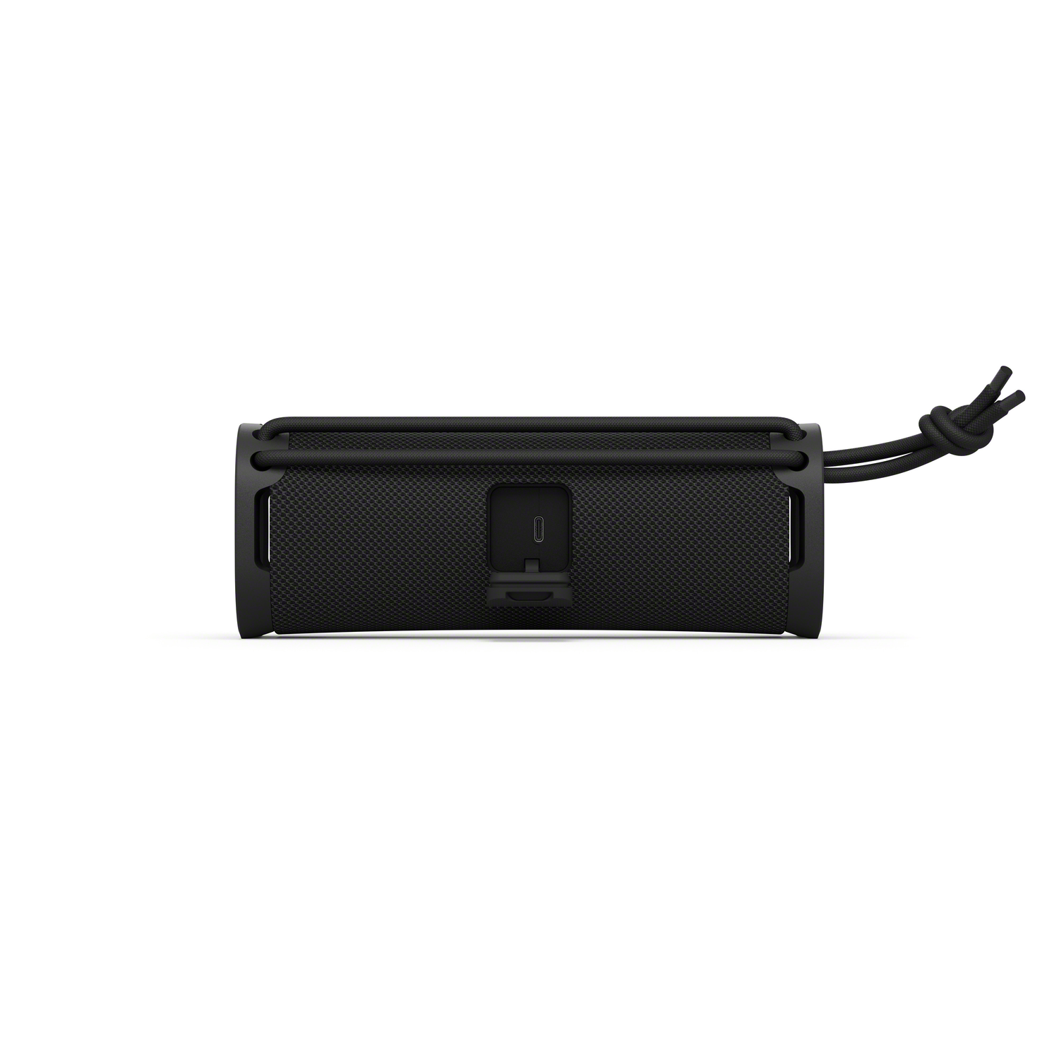 Black speaker with a USB port and a black loop on the side.