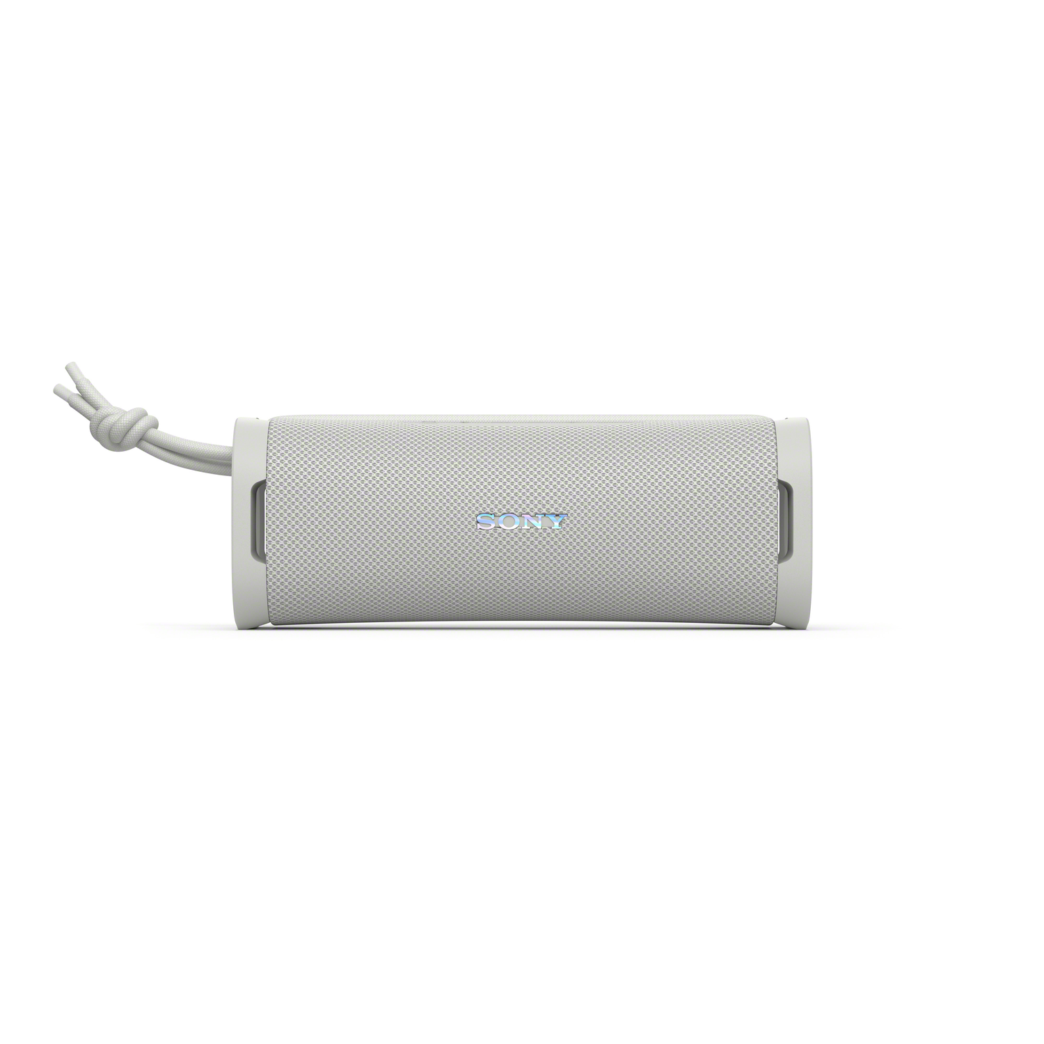 Witte Sony-luidspreker. Geknoopt koord links. Witte achtergrond. Sony-logo.