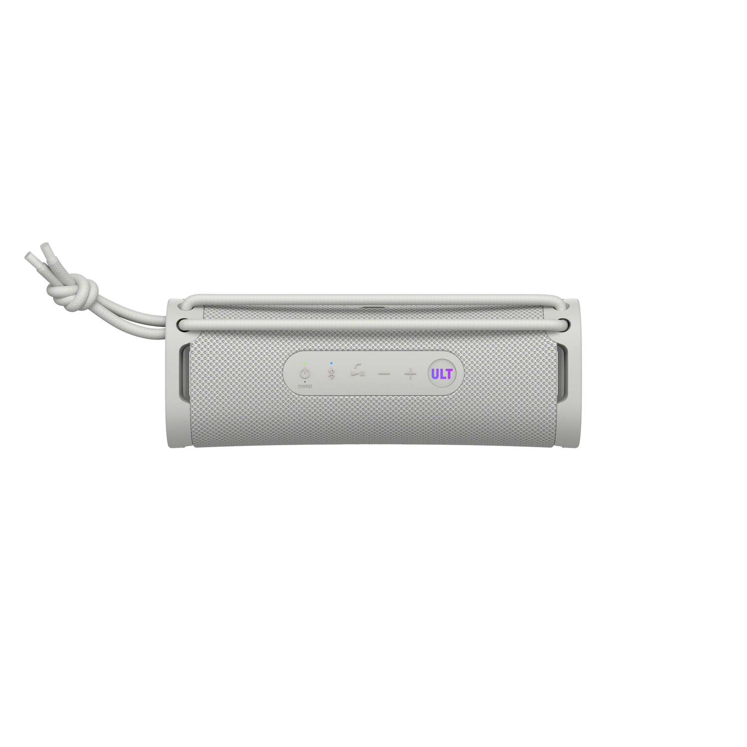 Witte luidspreker met knoppen, een mesh-design en een touwhandvat, geïsoleerd op een witte achtergrond.