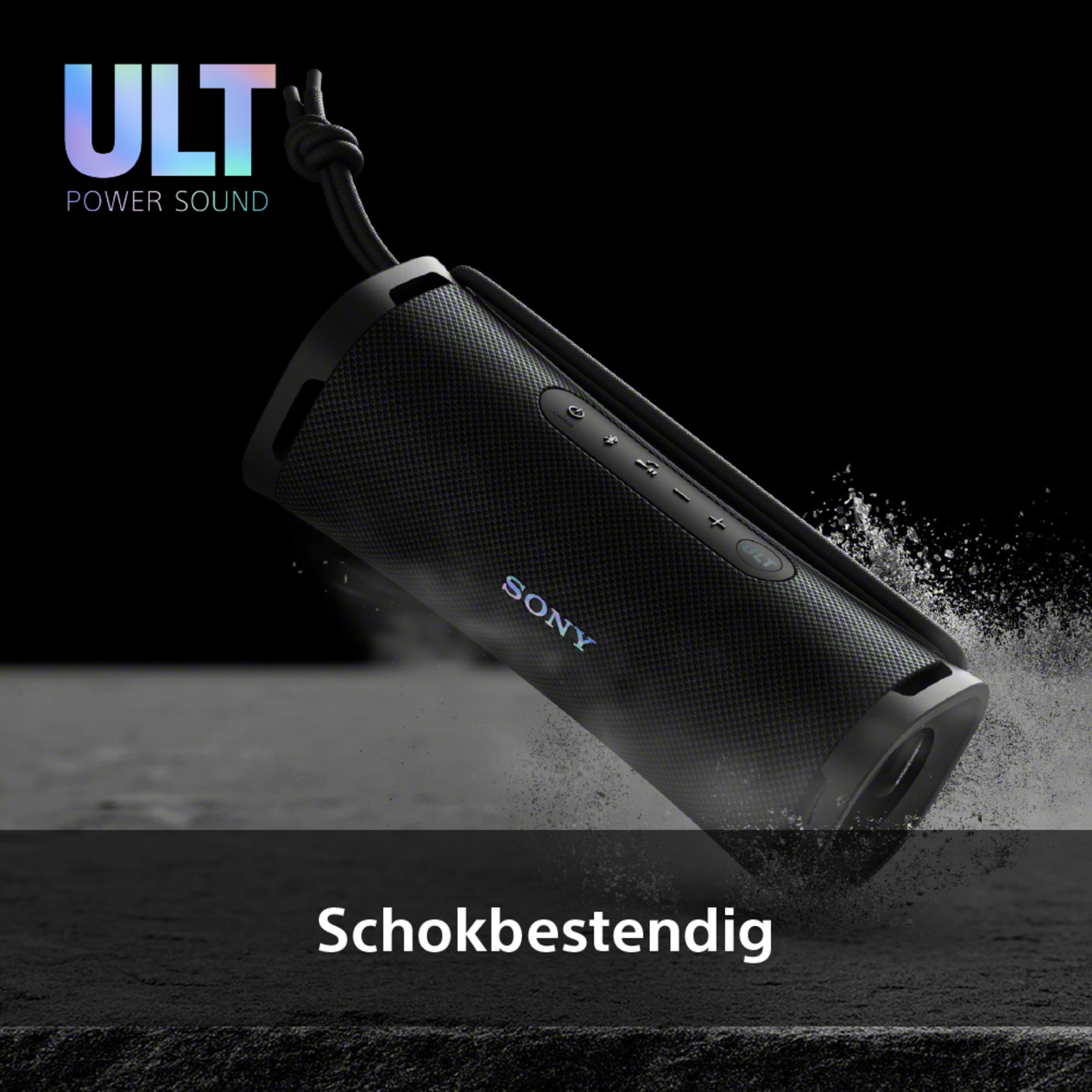 Zwarte Sony-luidspreker in een spat water. Tekst: Schokbestendig.