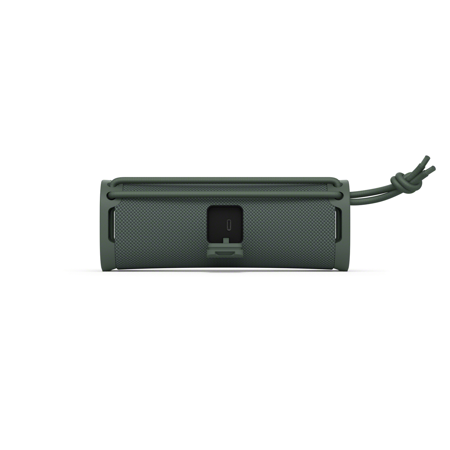Dark green speaker with a dark gray strap and a gray background.