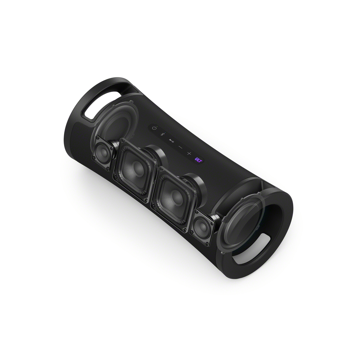 Black speaker with transparent sections showing internal speakers on a white background.