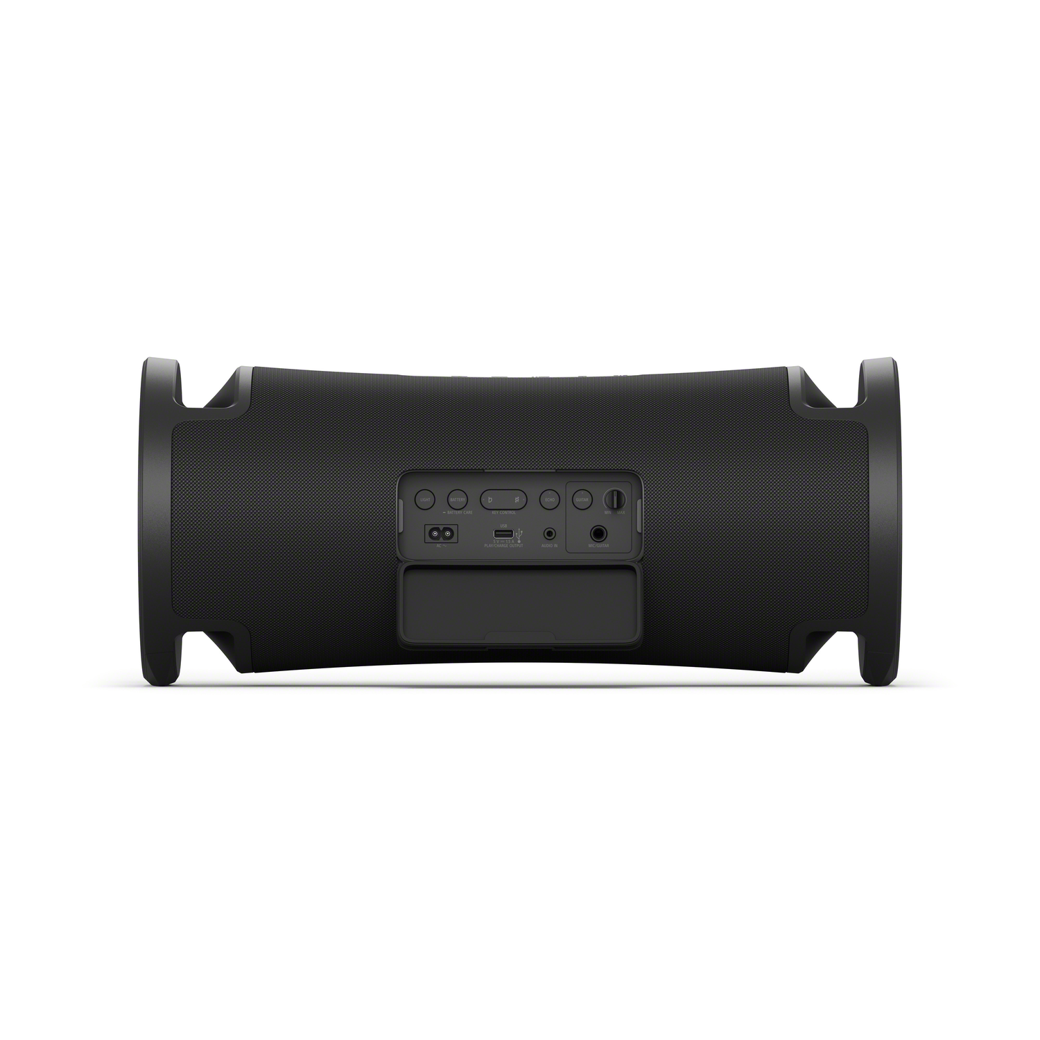 Black cylindrical speaker with buttons and ports on the back.