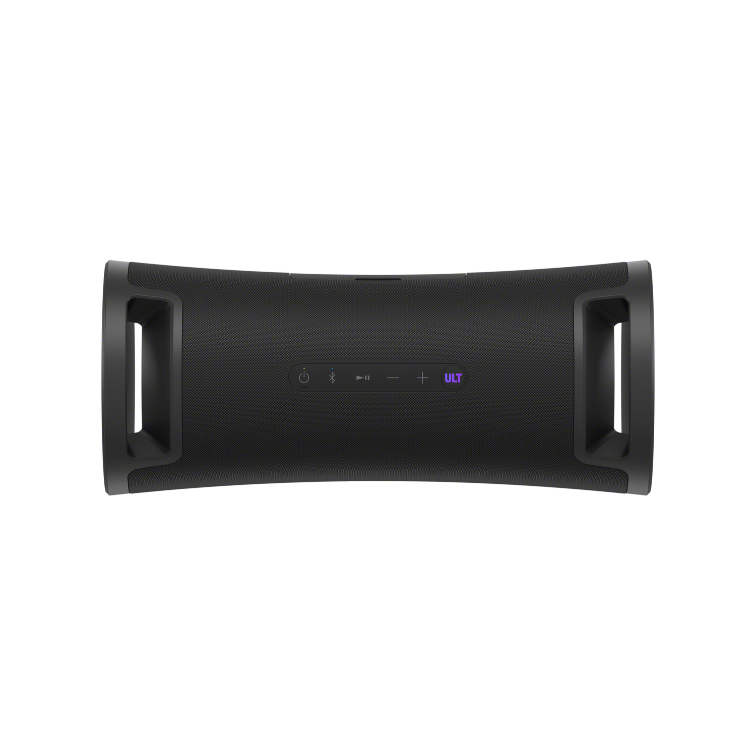 Black portable speaker. Has buttons and a handle.  The brand is ULT.