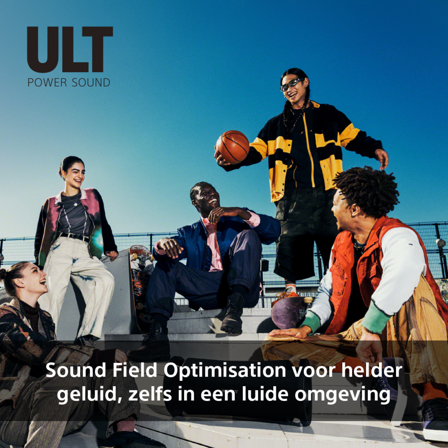 A group of five people smiling. One is holding a basketball. Text says 'Sound Field Optimization for clear sound'.