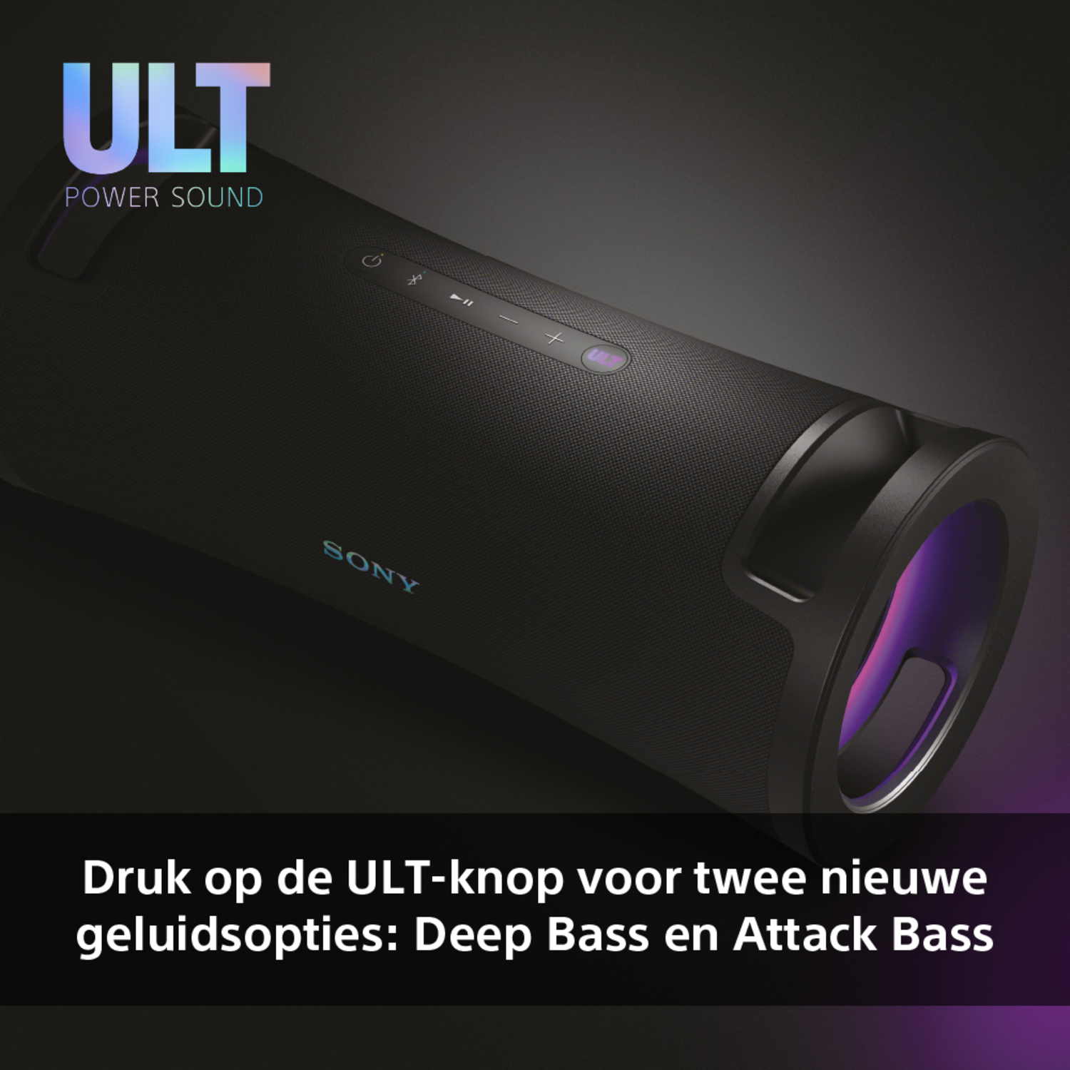 Black speaker with purple light accents. Text: Press the ULT button for new sound options.