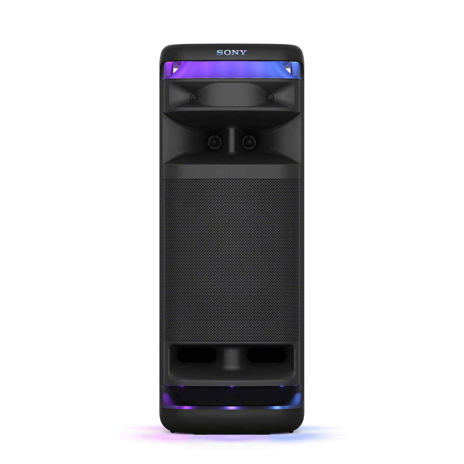 Black Sony speaker, front view, with illuminated top and bottom. White background.