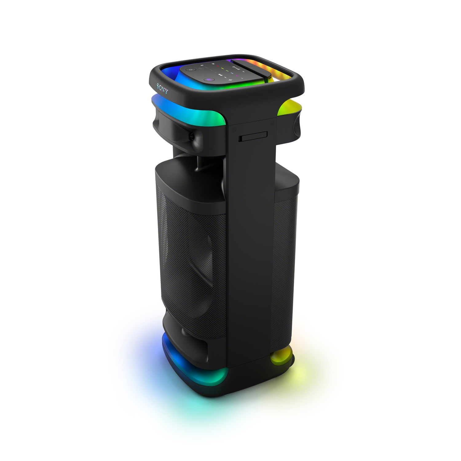 Black speaker with colorful lights and a white background.