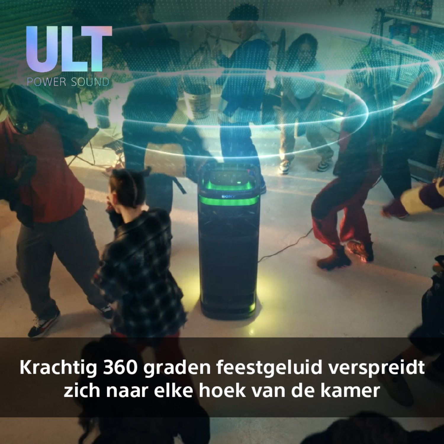 A black speaker in a crowd of people. Blue light effect around. ULT Power Sound logo is on the top.