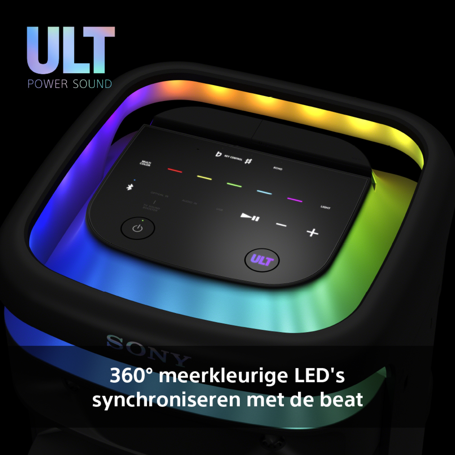 Black speaker with colorful lights on top.
