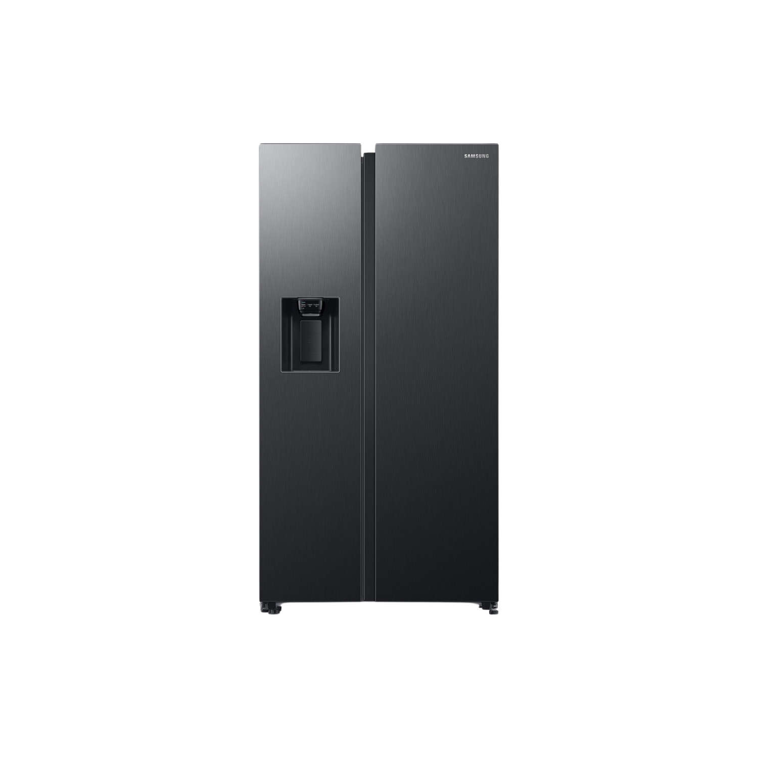 Black Samsung side-by-side refrigerator with a water dispenser.