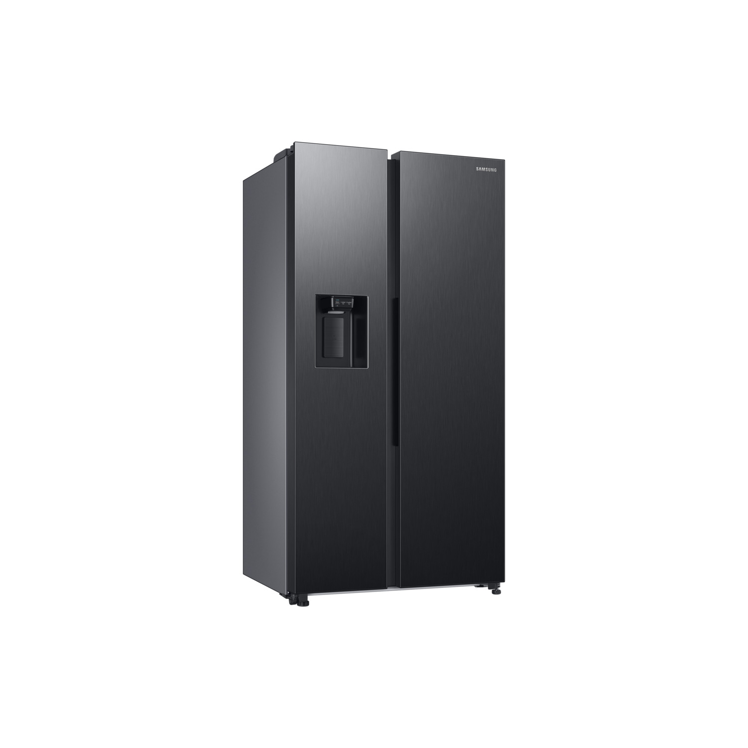 Black Samsung side-by-side refrigerator with a water dispenser. It stands against a white background.
