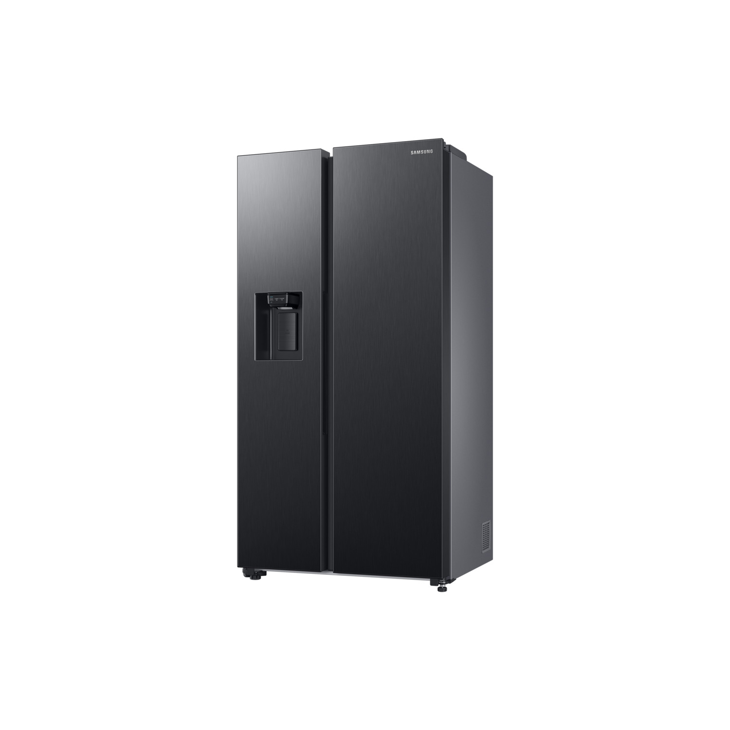 Black side-by-side refrigerator against white background.