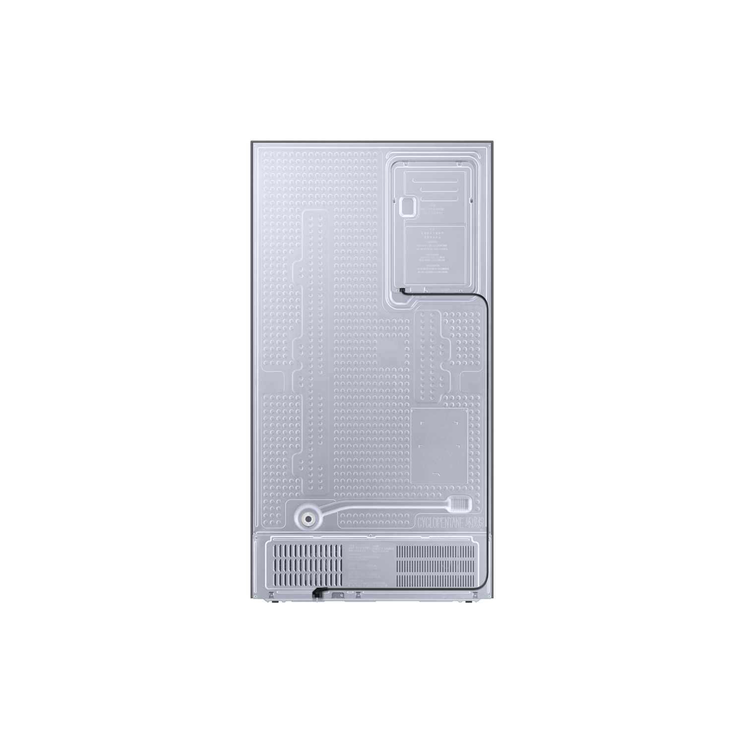 Back of a refrigerator. Silver color, with vents and various components. White background.