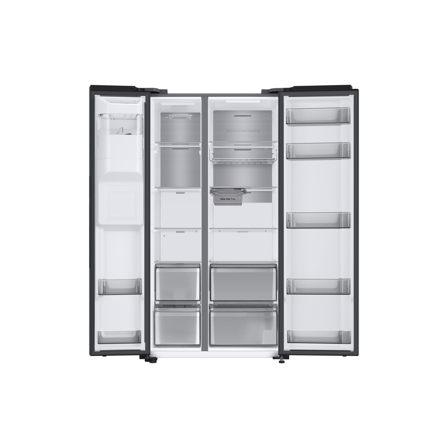 Open Samsung refrigerator with black doors. The inside is visible with shelves and food items.
