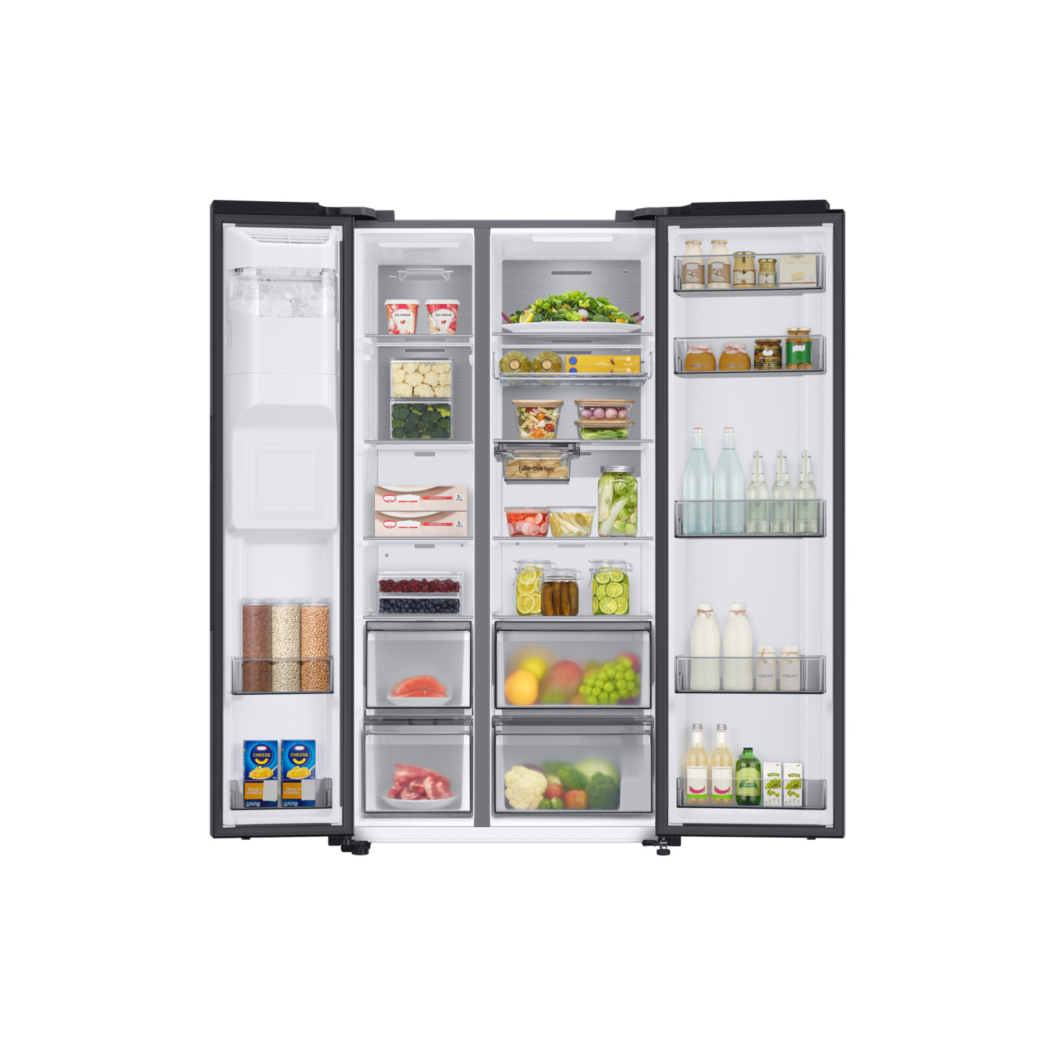 A black fridge with open doors, showing the inside storage.