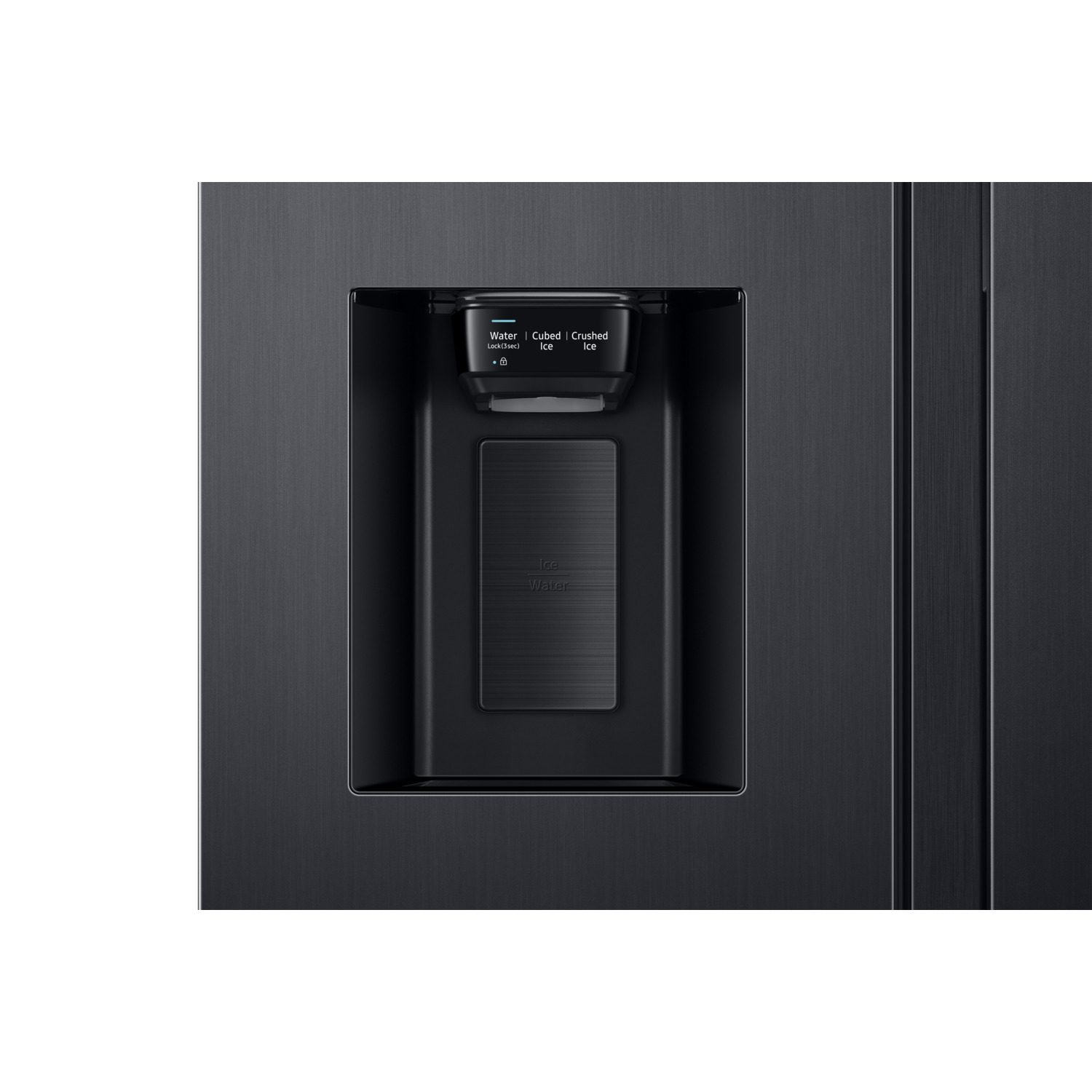 Black refrigerator door with water and ice dispenser.