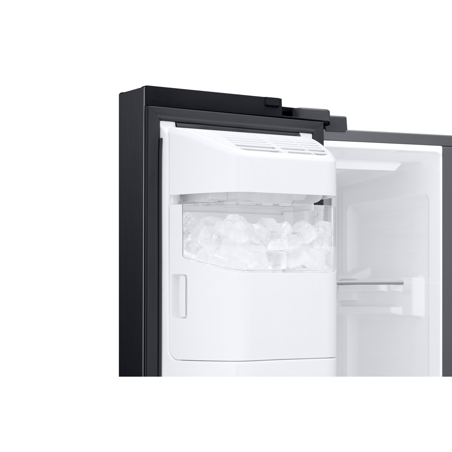 Open fridge with ice dispenser. Ice cubes inside. Black and white design.