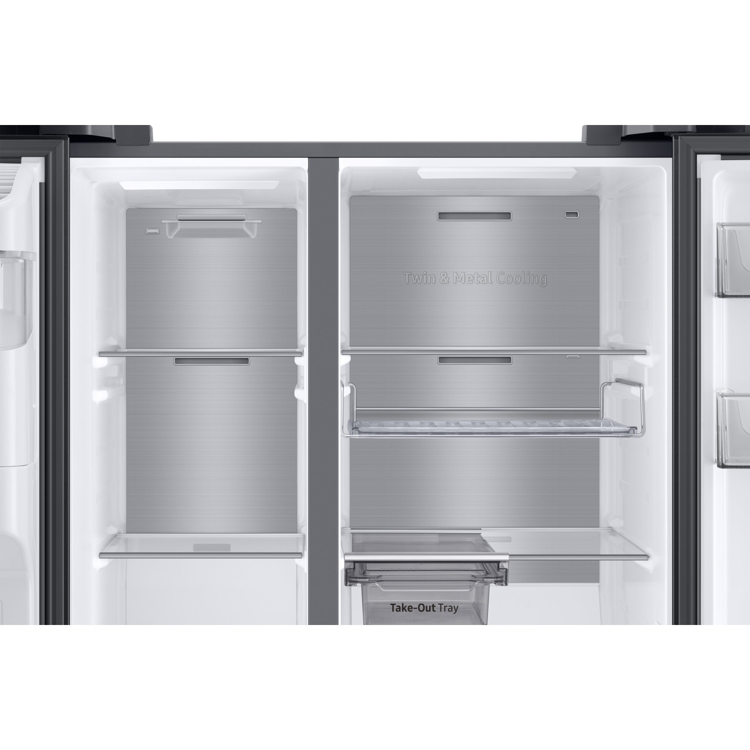 A refrigerator with open doors, showcasing interior storage. It has metal shelves and a take-out tray.