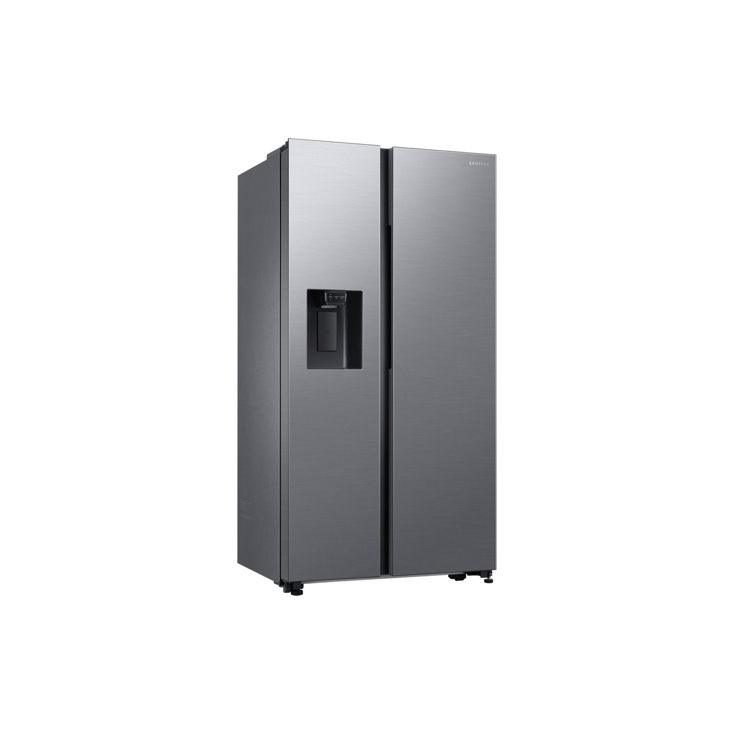 Silver side-by-side refrigerator with a water dispenser. The background is white.