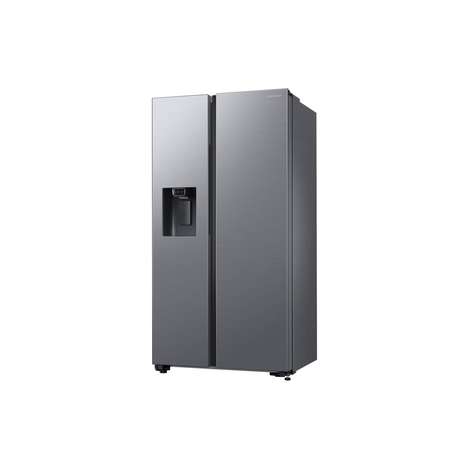 A stainless steel side-by-side refrigerator on a white background.