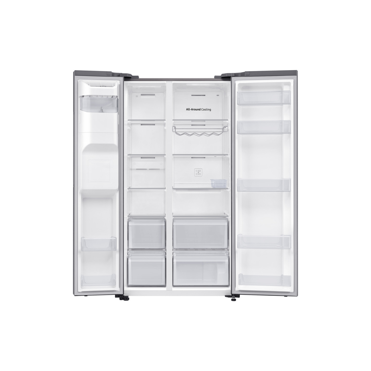 Open, empty, stainless steel refrigerator on white background.