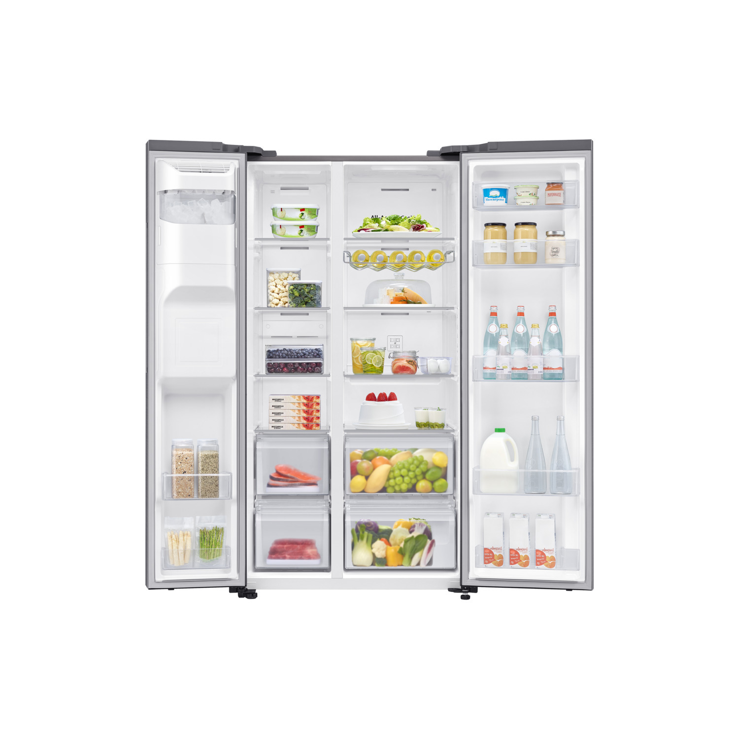 Open refrigerator with various foods visible.
