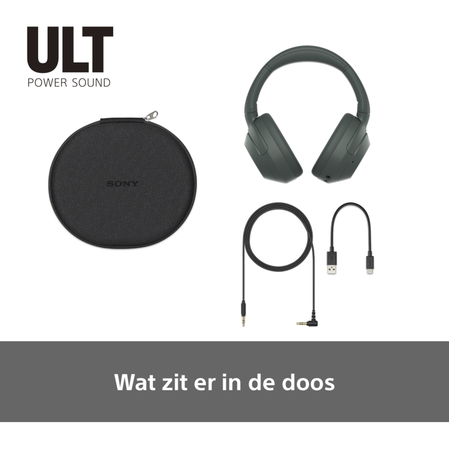 Sony headphones, case, and charging cable. Text says 'Wat zit er in de doos'.