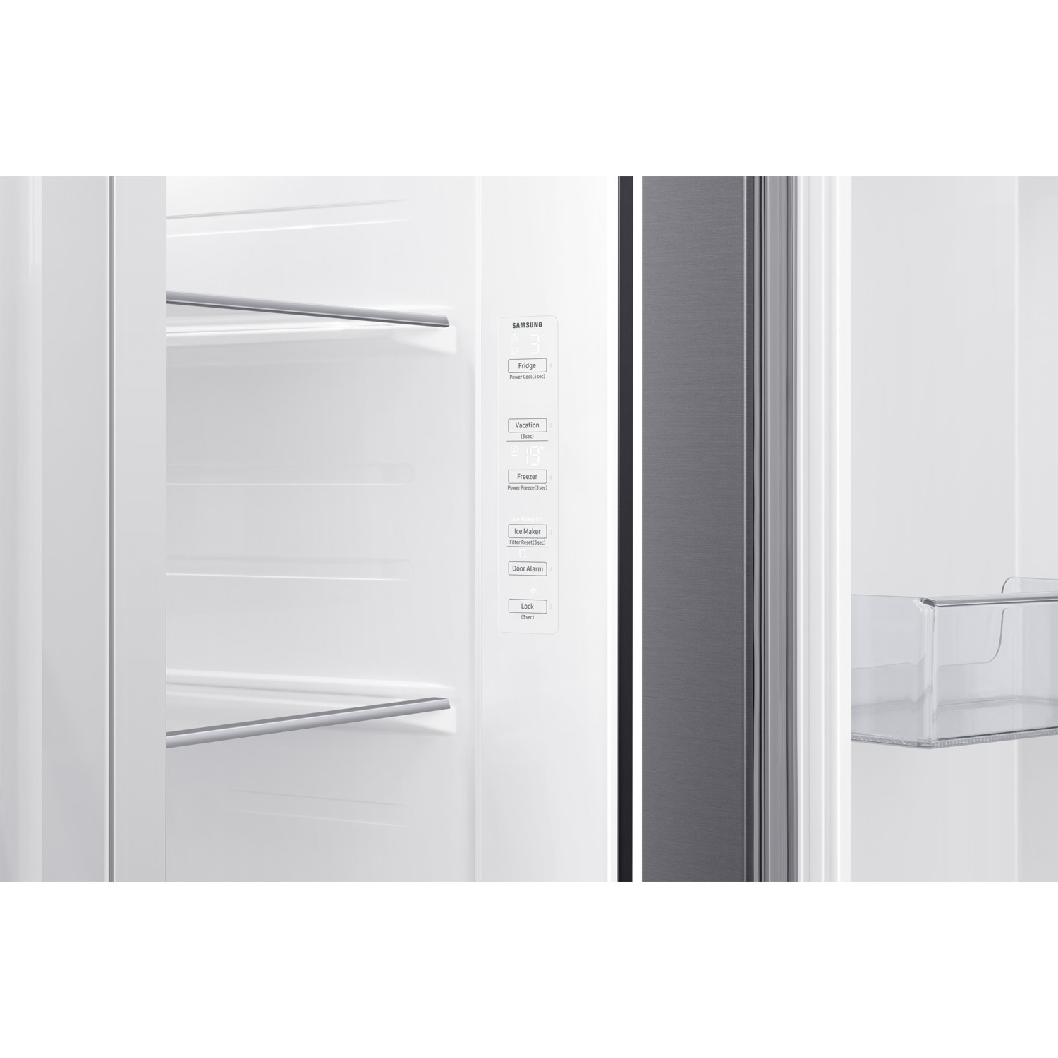 The interior of a Samsung refrigerator. Shelves, drawers, and controls are visible.