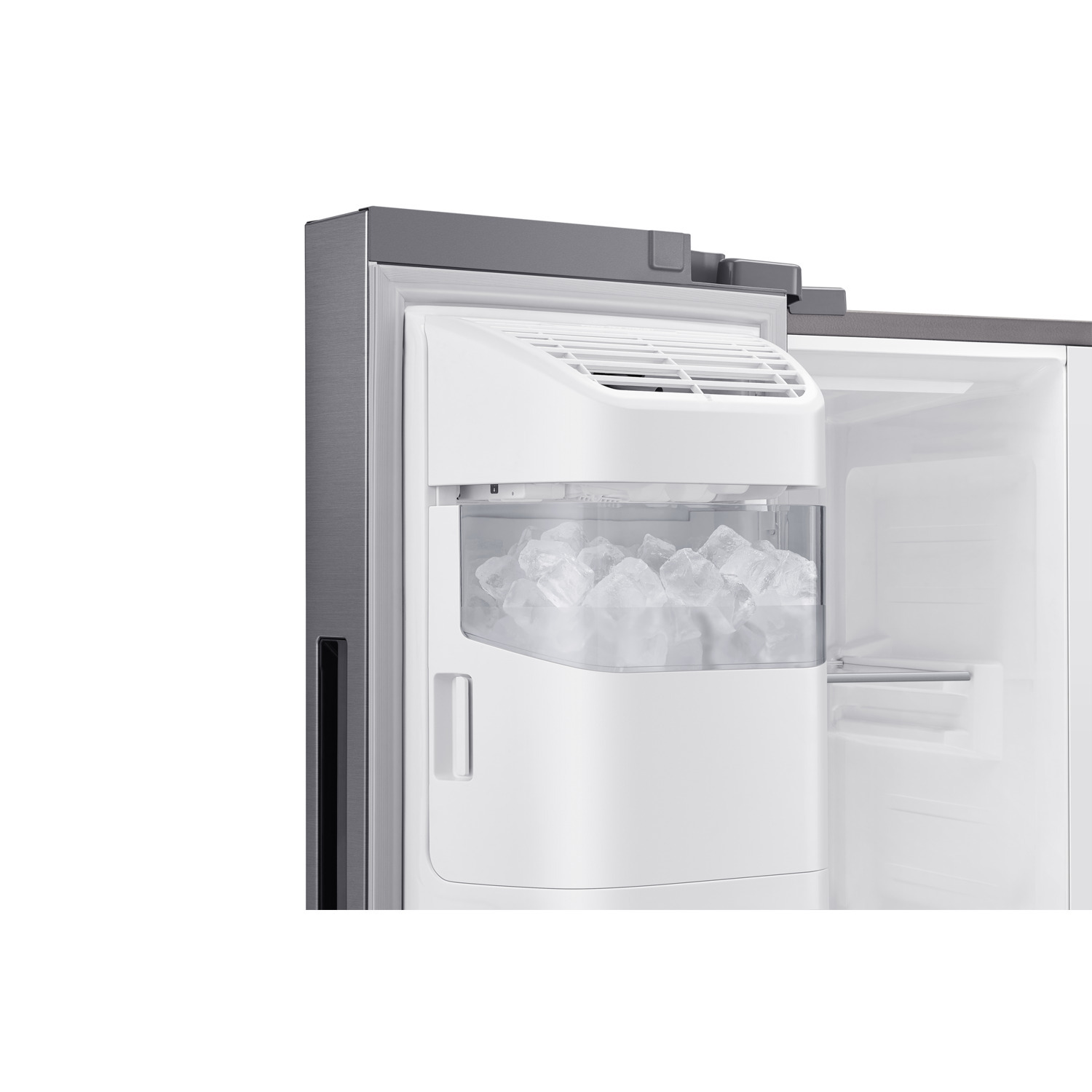 Close-up of a white refrigerator ice maker dispensing ice cubes into a clear container.