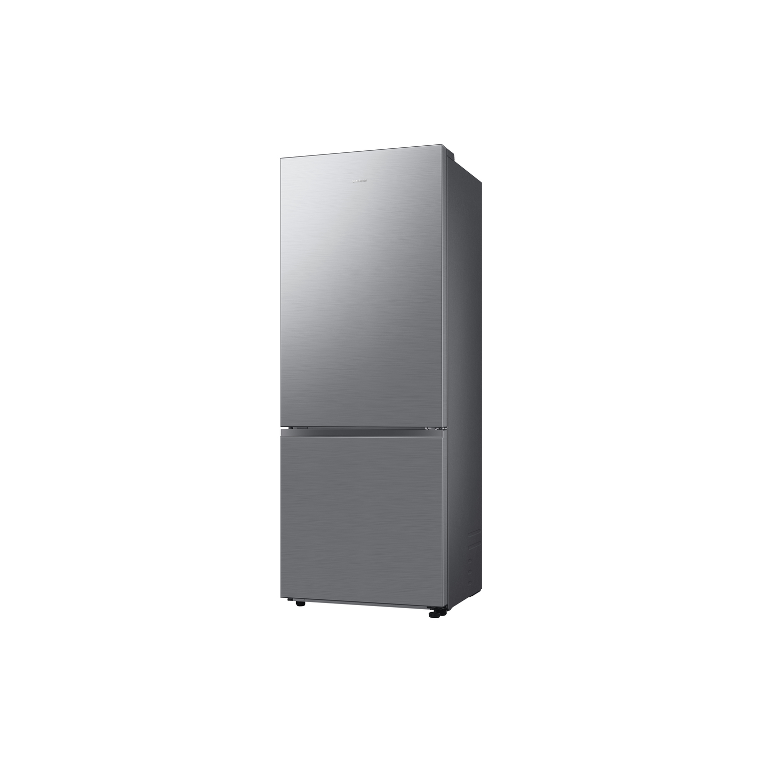Silver, two-door refrigerator on a white background. It is upright.
