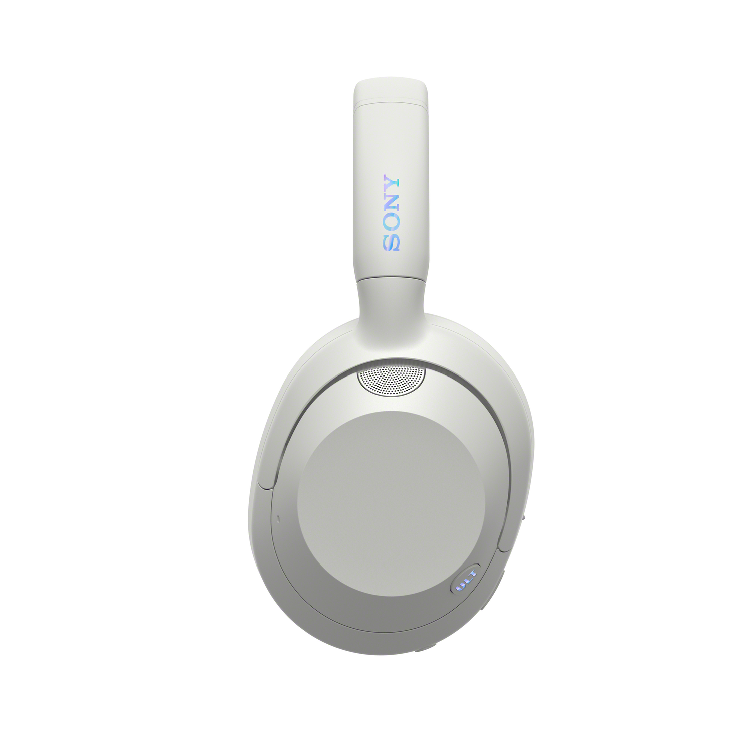 White Sony headphones. The headband has 'SONY' in blue. The earpieces are large and round.