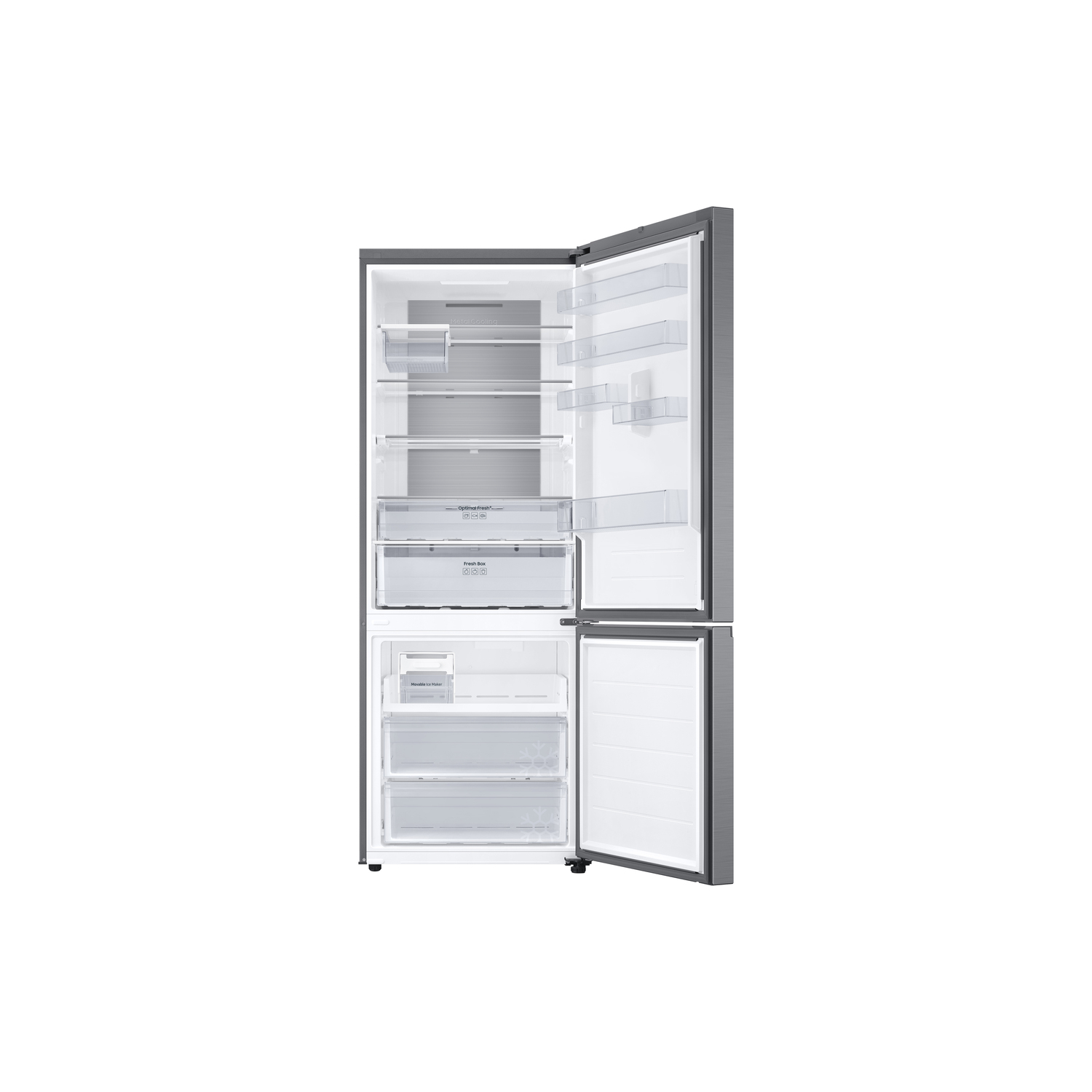 Open refrigerator with shelves and drawers visible, against a white background.