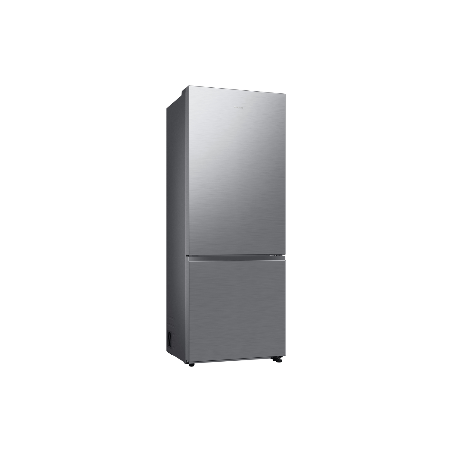 A silver refrigerator. The fridge is closed and has a modern design.