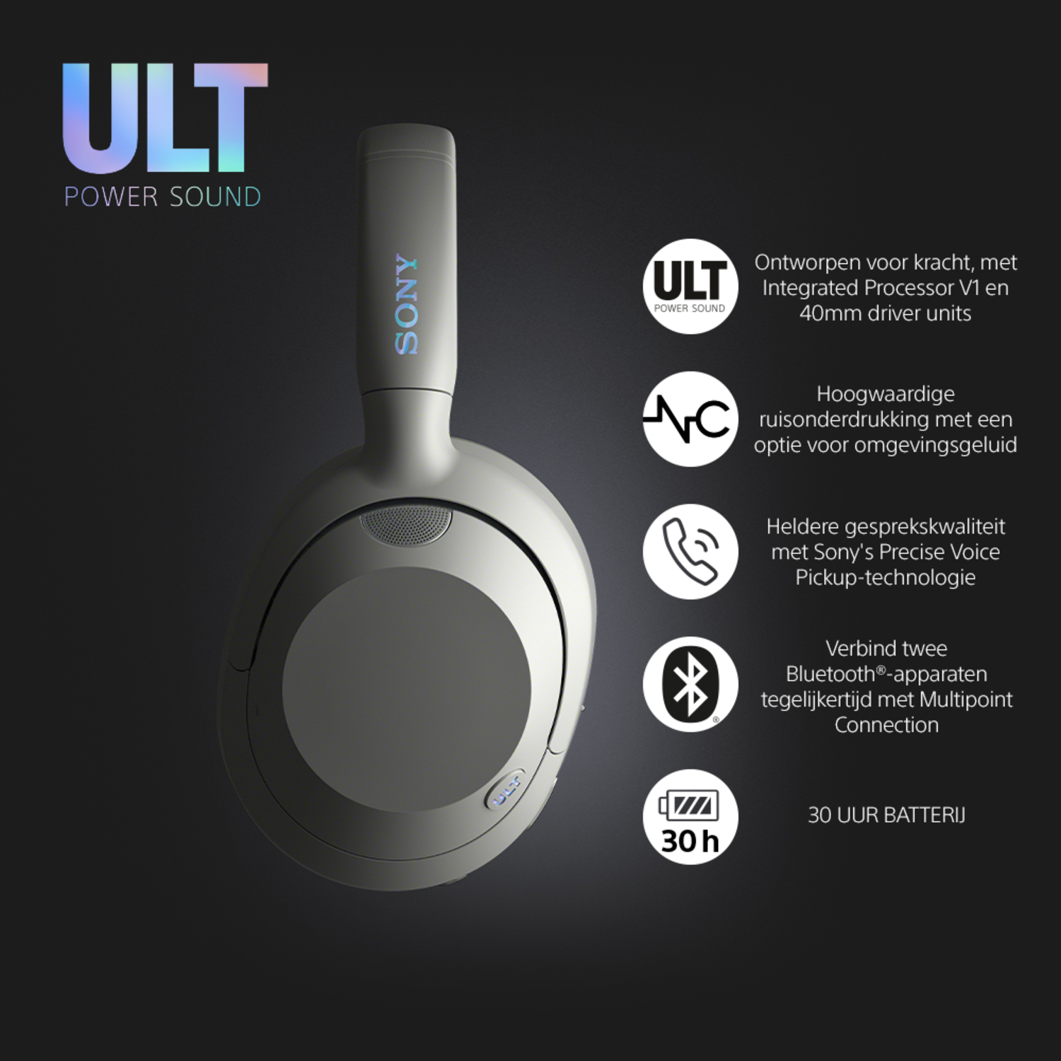 Grey headphones with labels on a black background.